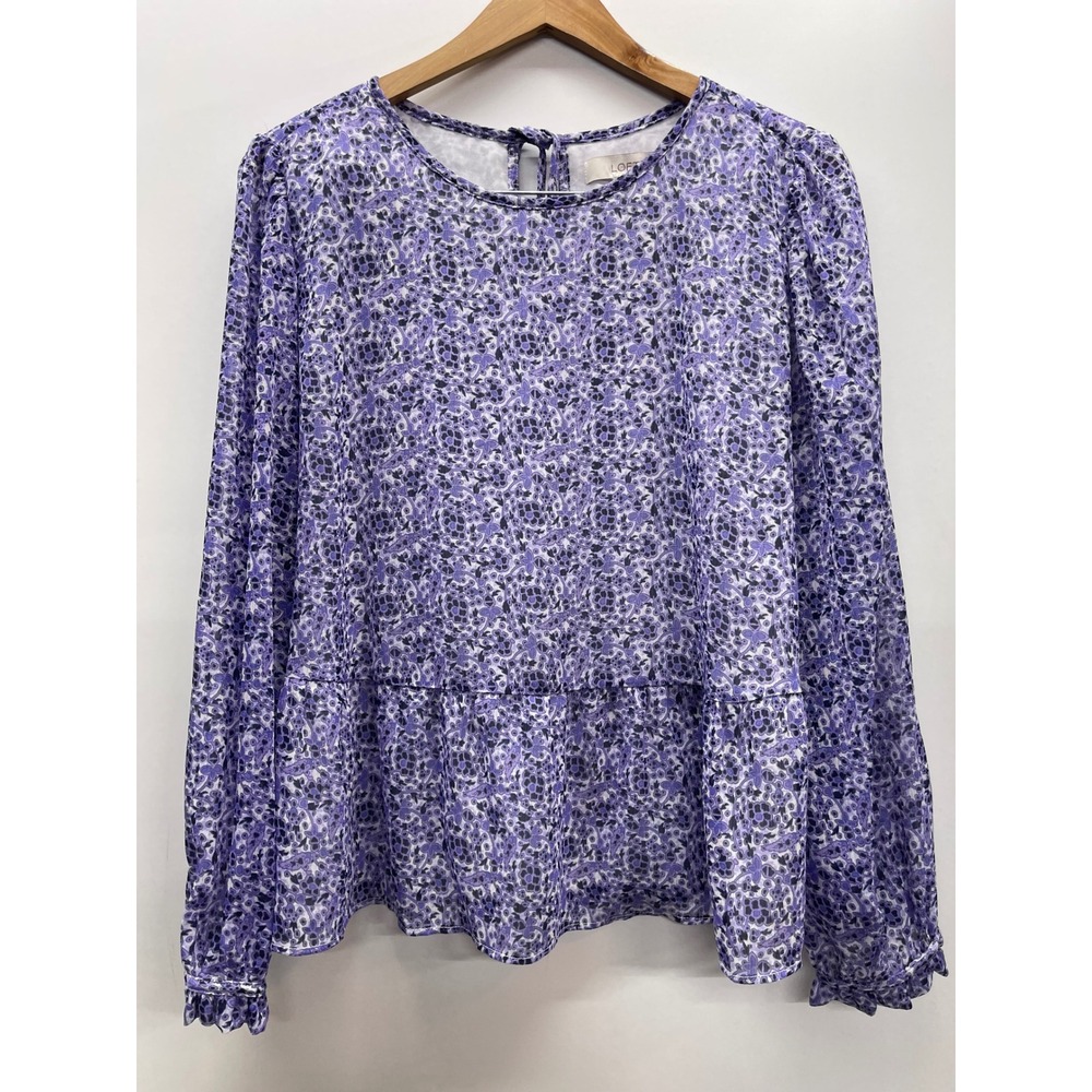 LOFT Purple Floral Leopard Peplum Blouse Long Sleeve Ruffle Cuff XL